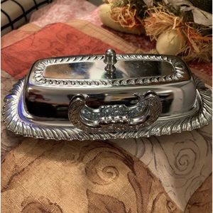 Vintage Irvinware Chrome Butter Dish w/Glass Tray Insert & Knife Holder